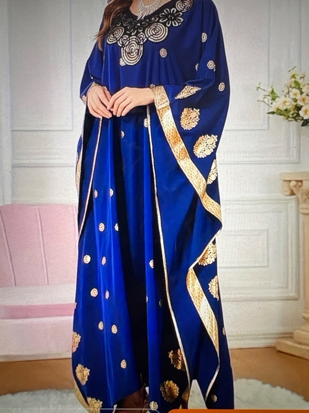 Embellished Royal Blue Kaftan Dress with Gold Accents